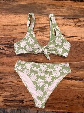 Green Daisy Print Bikini Set - Knot Front Top